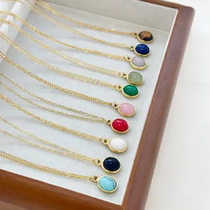 18K gold plated necklace featuring colorful natural stone oval pendants for women