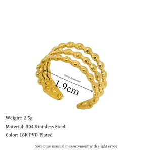 Detailed specs of 18K gold plated stainless steel triple-beaded open ring, 1.9cm diameter