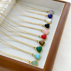 Set of 10 gold triangle pendant necklaces with multi-color natural stones in a wood box