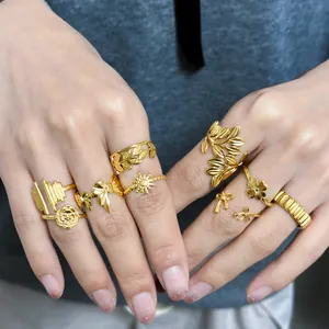 Women Vintage 18K Gold Plated Stainless Steel Open Rings Adjustable Flower Leaf Bow Sun Geometric Jewelry Finger Ring Gift