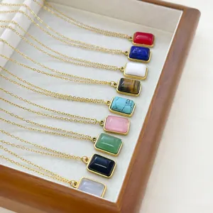 French minimalist geometric square pendant necklace set in 18K gold finish with natural stones