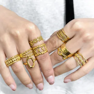 Minimalist 18K Gold Plated 304 Stainless Steel Open Ring For Women Men Fashion Jewelry Hammered Hollow Braided Band Ring