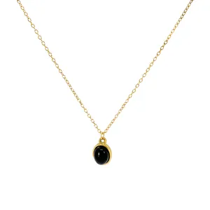 18K gold chain necklace featuring an oval black natural stone pendant for women