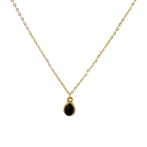 Minimalist gold link chain necklace with black teardrop stone pendant for women