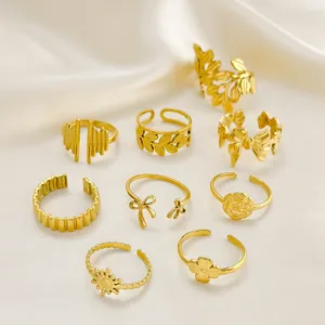 Adjustable 18K gold plated titanium steel rings set with vintage leaf and floral designs