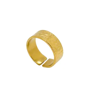 Minimalist 18k gold plated stainless steel open ring with wide hammered metal texture