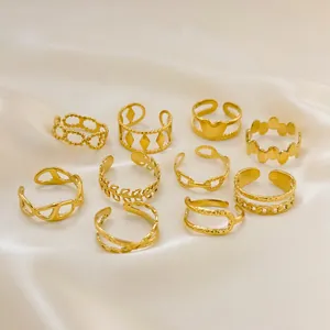 10-piece set of 18K gold plated stainless steel open rings with vintage heart and leaf designs