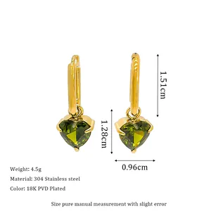 Detailed sizing chart for gold heart earrings with emerald zircon and 18K PVD plating