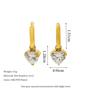 Detailed view of zircon heart earrings with 18K PVD gold plating and 304 steel