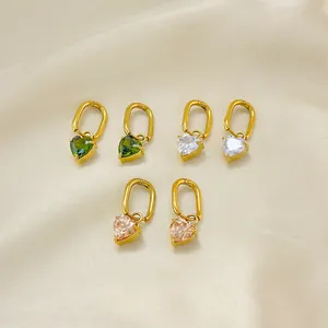 Elegant gold heart earrings with emerald, clear, and champagne zircon gemstones