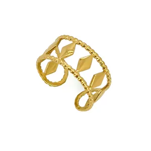 Minimalist 18K gold plated stainless steel open ring with geometric diamond patterns