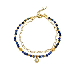 Zweilagiges Lapislazuli und Gold Büroklammer Armband mit einem funkelnden Kristall Anhänger