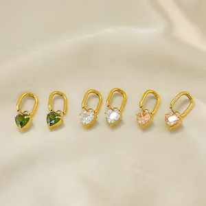 Three pairs of elegant heart-shaped zircon drop earrings in green, white, and champagne gold