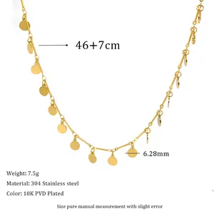 Detail of 18K PVD plated stainless steel necklace showing round sequins and dimensions