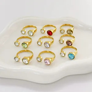 Set of nine 18K gold plated stainless steel open rings with colorful zircon stones