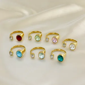 Bague Ouverte en Acier Inoxydable 304 Plaqué Or 18K PVD pour Femmes Vintage Géométrique Ovale avec Zirconium Incrusté Réglable