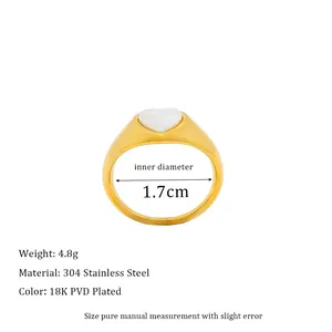 Detail view of gold stainless steel heart ring showing 1.7cm diameter and 4.8g weight