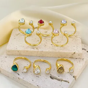 Chic 18K gold plated stainless steel open rings with teardrop crystals in eight colors