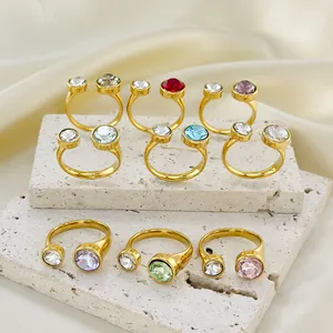 18K gold plated stainless steel open rings with colorful round zircon stones