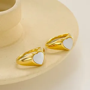 French vintage 18k gold plated heart rings with white shell inlay for couples