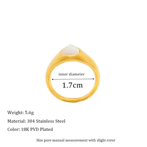 Detail view of 18K PVD plated stainless steel ring with white gemstone and dimensions