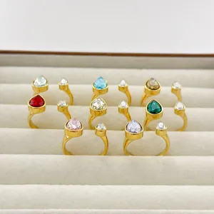 Fashionable 18K gold plated stainless steel open rings with colorful teardrop stones