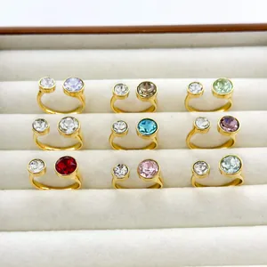 18K gold plated stainless steel open rings with colorful round zircon stones in a jewelry box