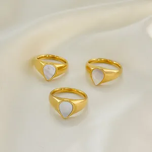 18K PVD Gold Plated 304 Stainless Steel Water Drop Signet Ring For Women Mother Of Pearl Shell Inlay Minimalist Jewelry