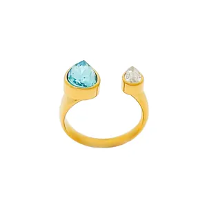 18K gold plated stainless steel open ring with blue and clear teardrop gemstones