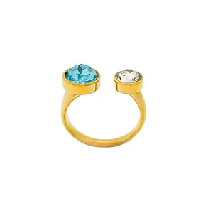 Minimalist 18K gold-plated open ring with round blue and clear cubic zirconia stones