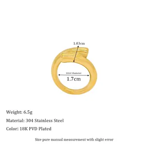 Detail view of 18K gold plated stainless steel open ring with 1.03cm width dimensions