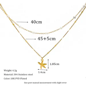 Detail of double-layer stainless steel gold necklace with starfish pendant and white pearls