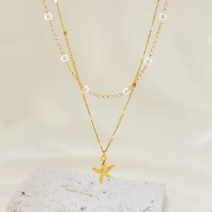 Women Fashion 304 Stainless Steel Double Layer Necklace 18K PVD Gold Plated Starfish Pendant Faux Pearl Beach Jewelry Gift