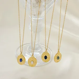 Collier Pendentif Ovale en Acier Inoxydable 304 Plaqué Or PVD 18K Vintage Français Avec Pierre Colorée Bijoux Femme