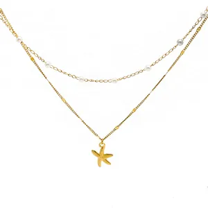 Double-layered gold necklace with sea pearls and starfish pendant for women