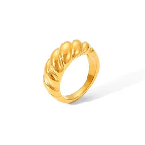 Polished gold twisted croissant ring in minimalist stainless steel for women