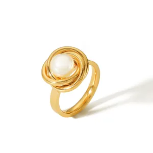 Ring aus 18K vergoldetem Edelstahl mit Spirale und runder weißer Perle für Damen
