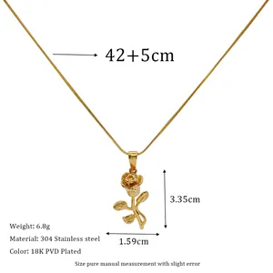 Detailed view of 3D rose pendant dimensions and 18K gold plated stainless steel specs