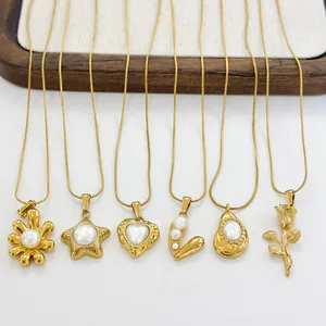 Golden stainless steel snake chain necklaces with heart and pearl pendants set