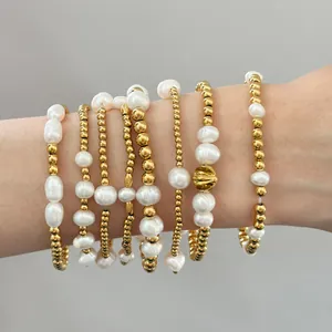 18K Gold Plated Stainless Steel Freshwater Pearl Beaded Bracelet For Women Fashion Elegant Baroque Pearl Jewelry Gift