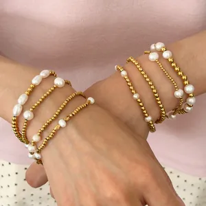 Layered 18K gold plated bead bracelet with white freshwater pearls for women jewelry