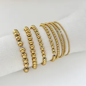 Minimalist gold beaded stainless steel bracelet set with gradient size beads for women
