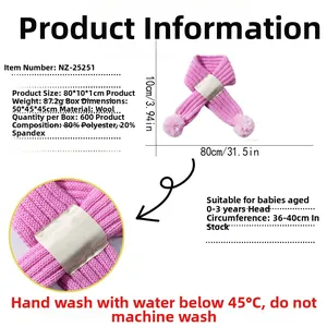 Detail view of pink knitted baby scarf texture with size dimensions for 0-3 years infants