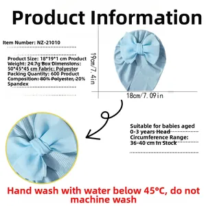 Tableau des tailles pour bonnet bébé à nœud bleu affichant les dimensions et matériaux