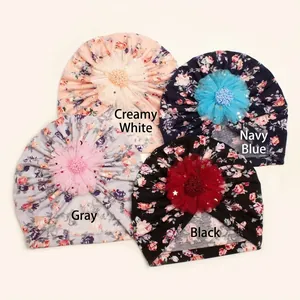Baby floral turban hats with glitter mesh flowers in peach, navy, grey and black colors