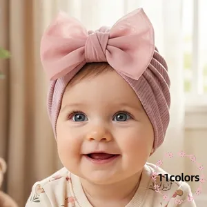 Bonnet Turban Bébé en Tricot Côtelé Avec Grand Nœud Papillon Casquette Extensible pour Nourrisson Accessoire de Photographie Fille