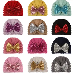 Bonnets tricotés pour bébé avec nœud à paillettes en douze couleurs assorties
