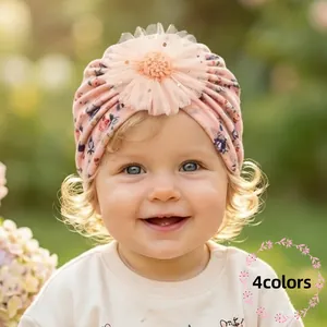 Baby Floral Turban Hat With Large Mesh Flower Decoration Soft Polyester Spandex Toddler Infant Beanie Cap For Daily Photography
