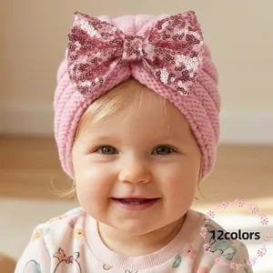 Bonnet Turban pour Bébé Avec Grand Nœud en Paillettes Bonnet en Tricot Doux pour Nouveau-Né Couvre-Chef d'Hiver Chaud