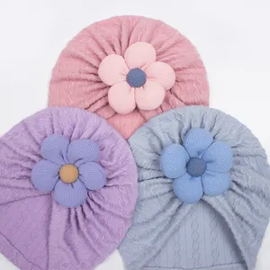 Soft knitted baby flower hats set in pink purple and blue with jacquard texture